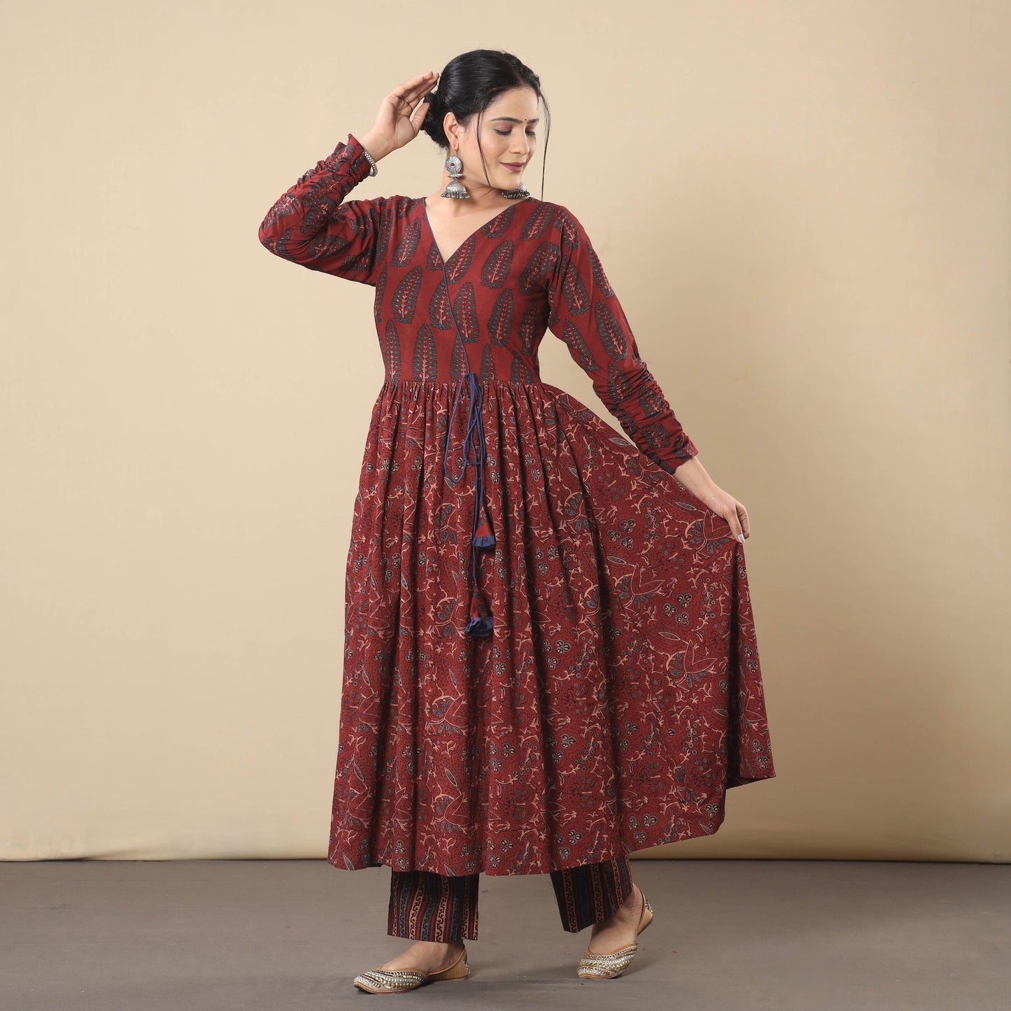 Maroon - cotton flared gher kurta with pant set