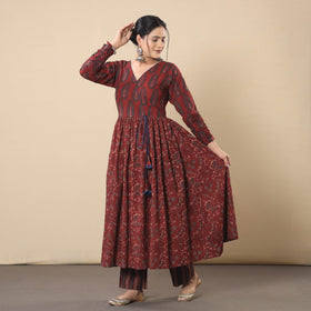 Maroon - cotton flared gher kurta with pant set