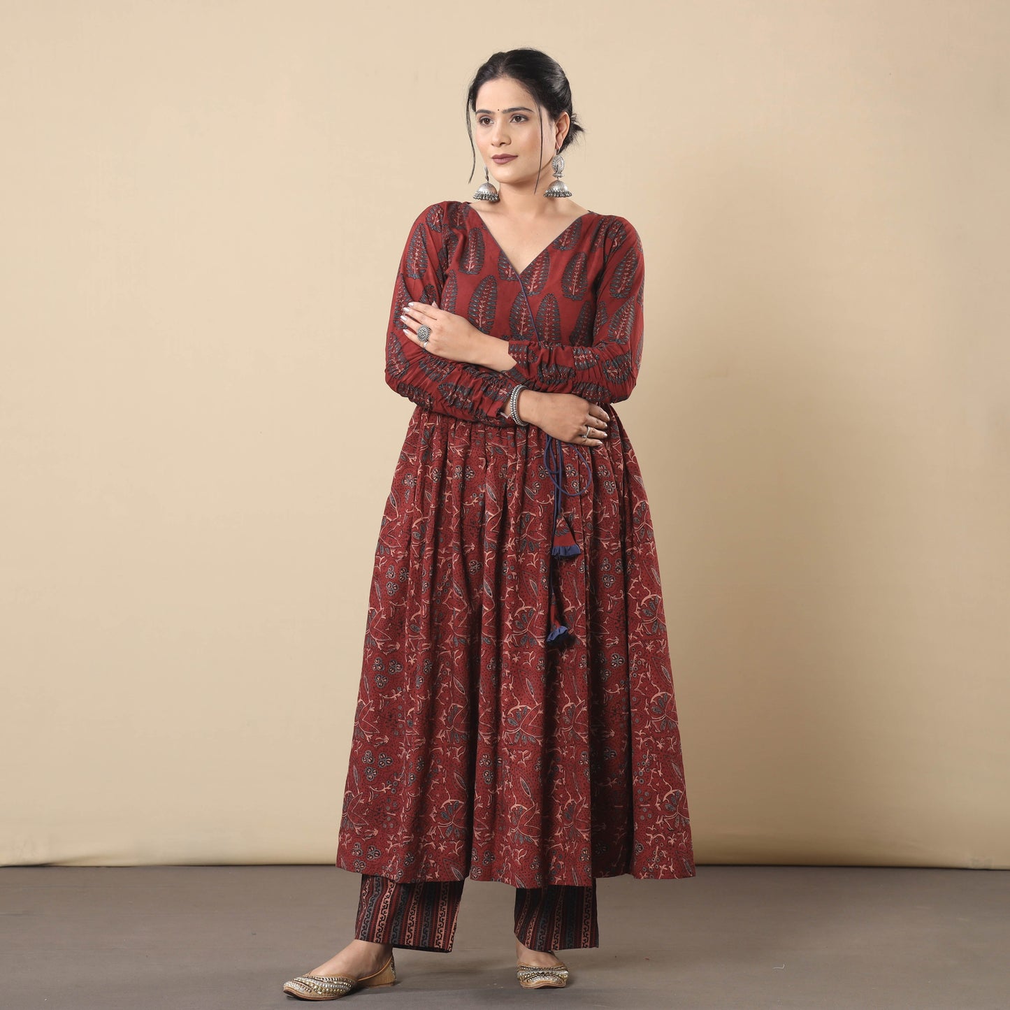 Maroon - cotton flared gher kurta with pant set
