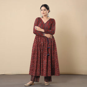 Maroon - cotton flared gher kurta with pant set