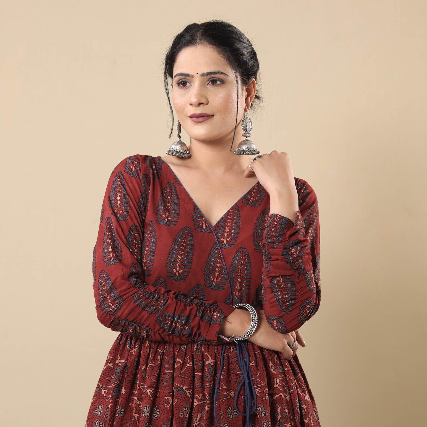 Maroon - cotton flared gher kurta with pant set