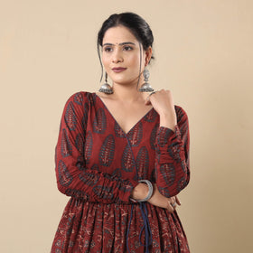 Maroon - cotton flared gher kurta with pant set