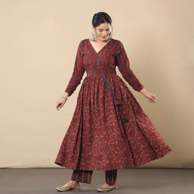 Maroon - cotton flared gher kurta with pant set