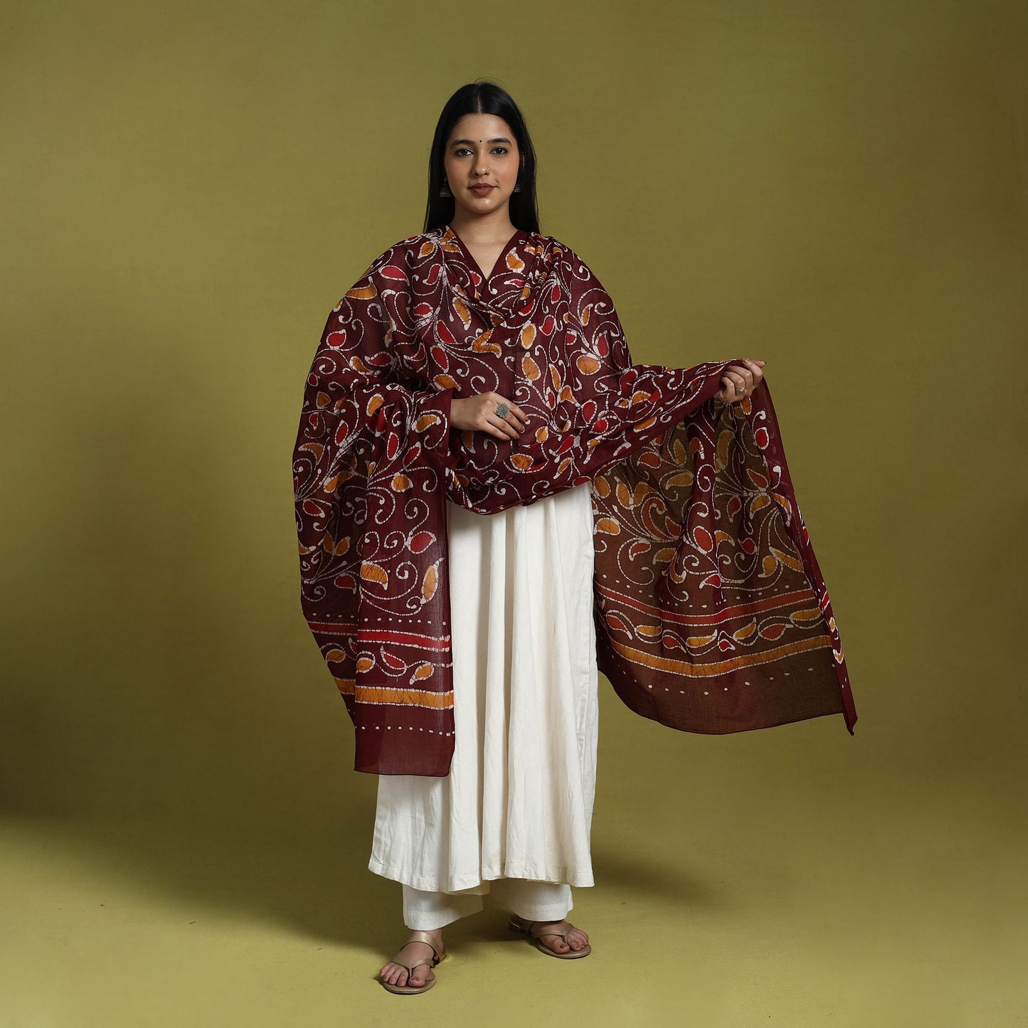  Maroon Cotton Hand Batik Print Dupatta