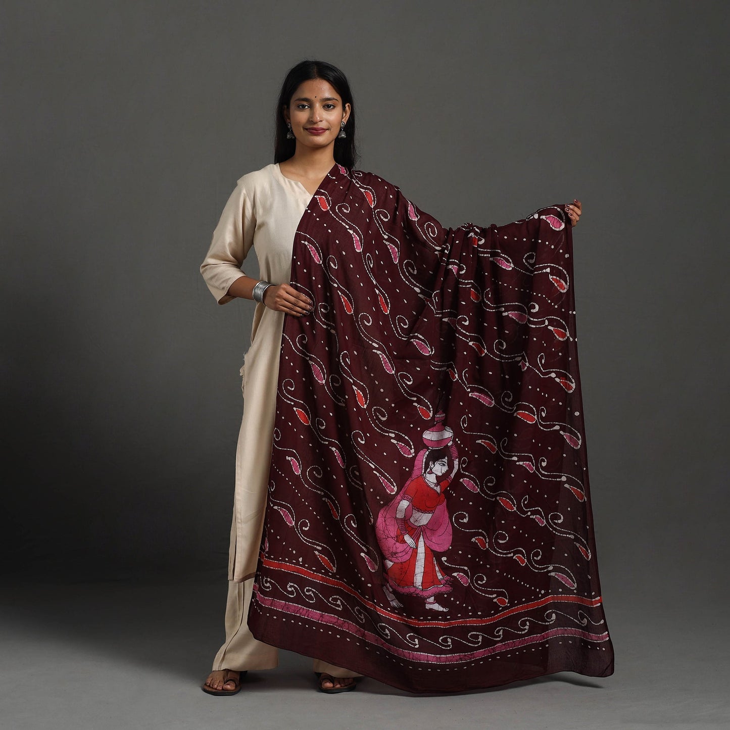 Maroon - cotton hand batik dupatta 47 - handcrafted