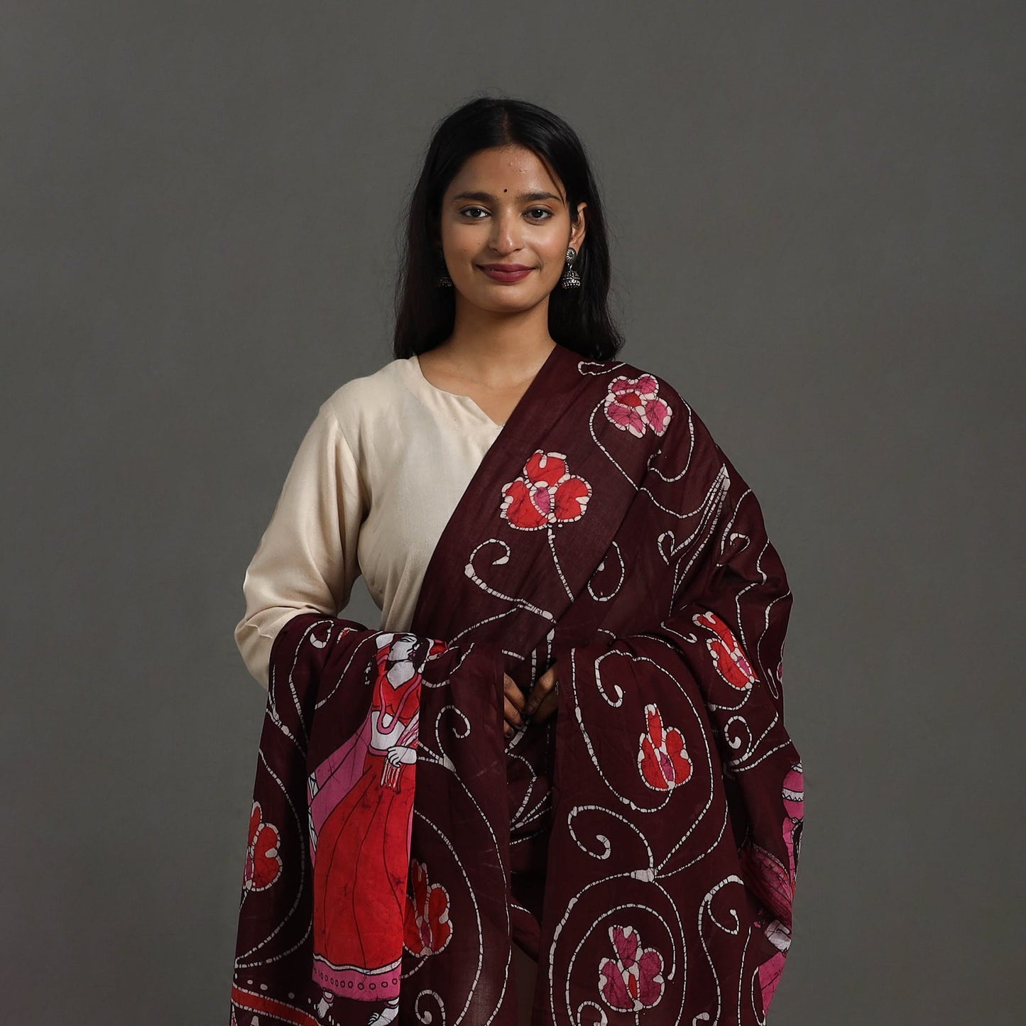   Maroon Cotton Hand Batik Print Dupatta
