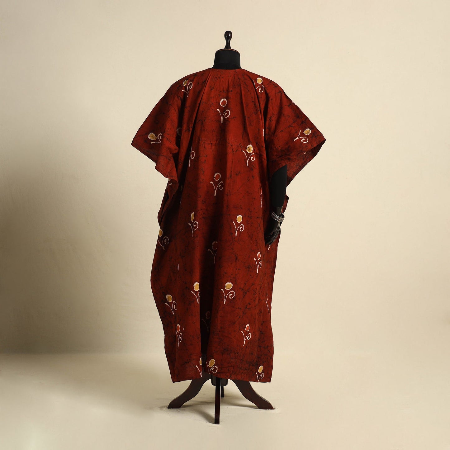 Maroon - cotton hand batik kaftan with tie-up waist (long)