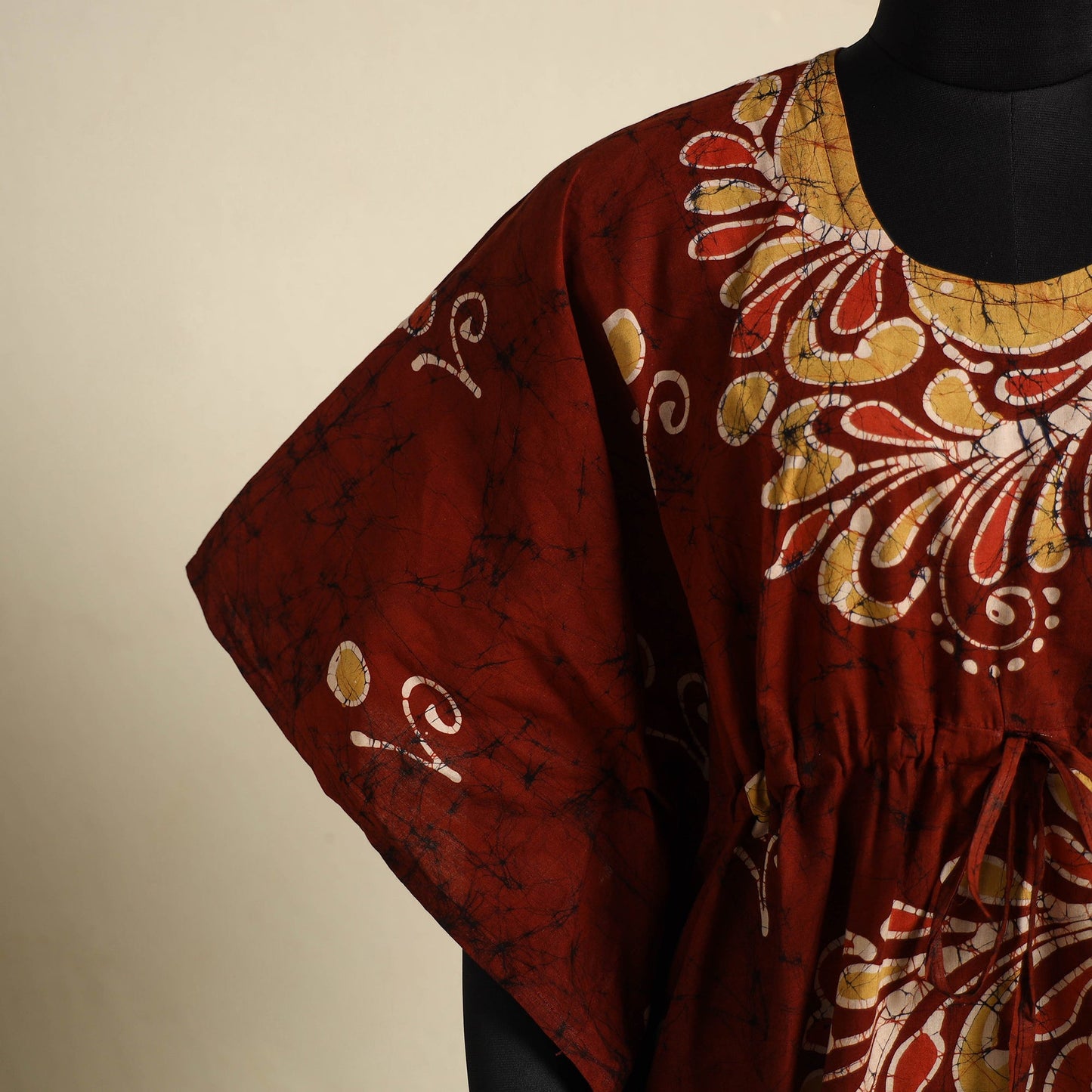 Maroon - cotton hand batik kaftan with tie-up waist (long)