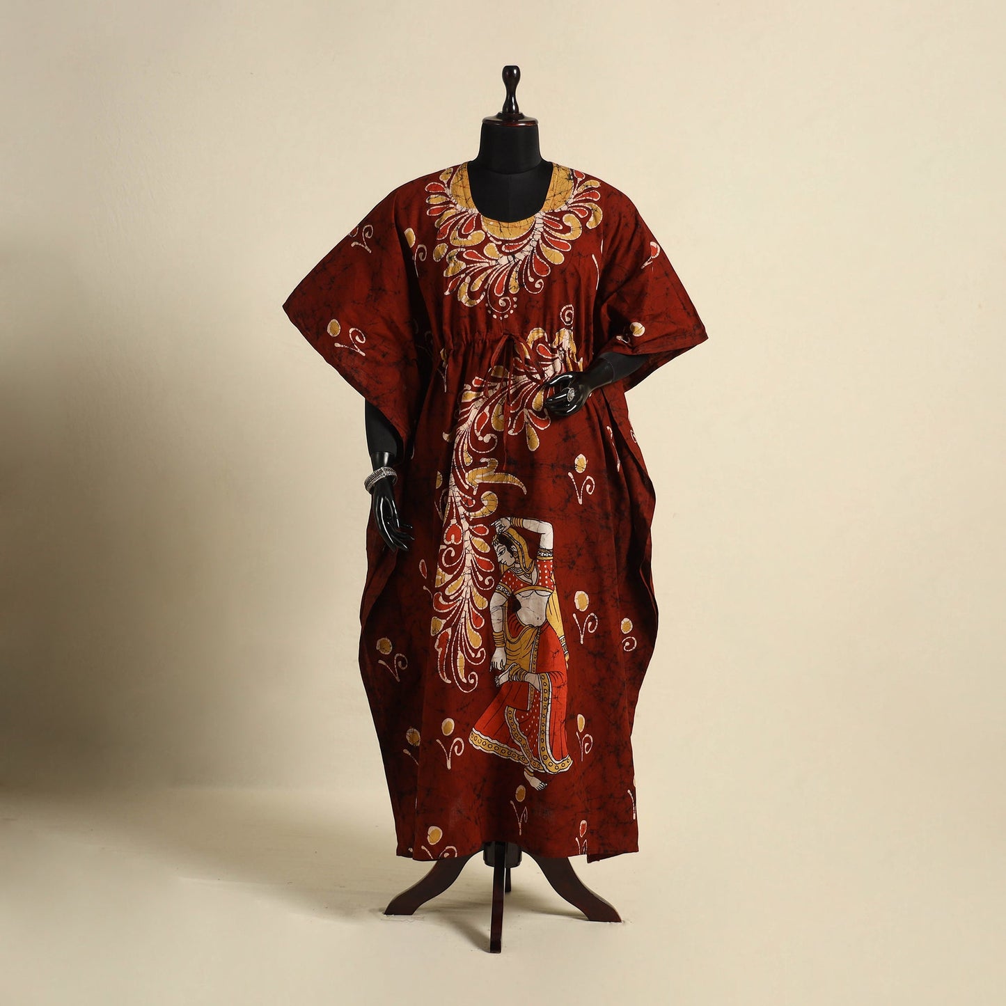 Maroon - cotton hand batik kaftan with tie-up waist (long)