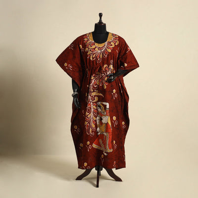 Maroon - cotton hand batik kaftan with tie-up waist (long)
