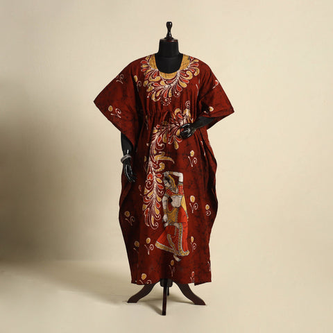 Maroon - cotton hand batik kaftan with tie-up waist (long)