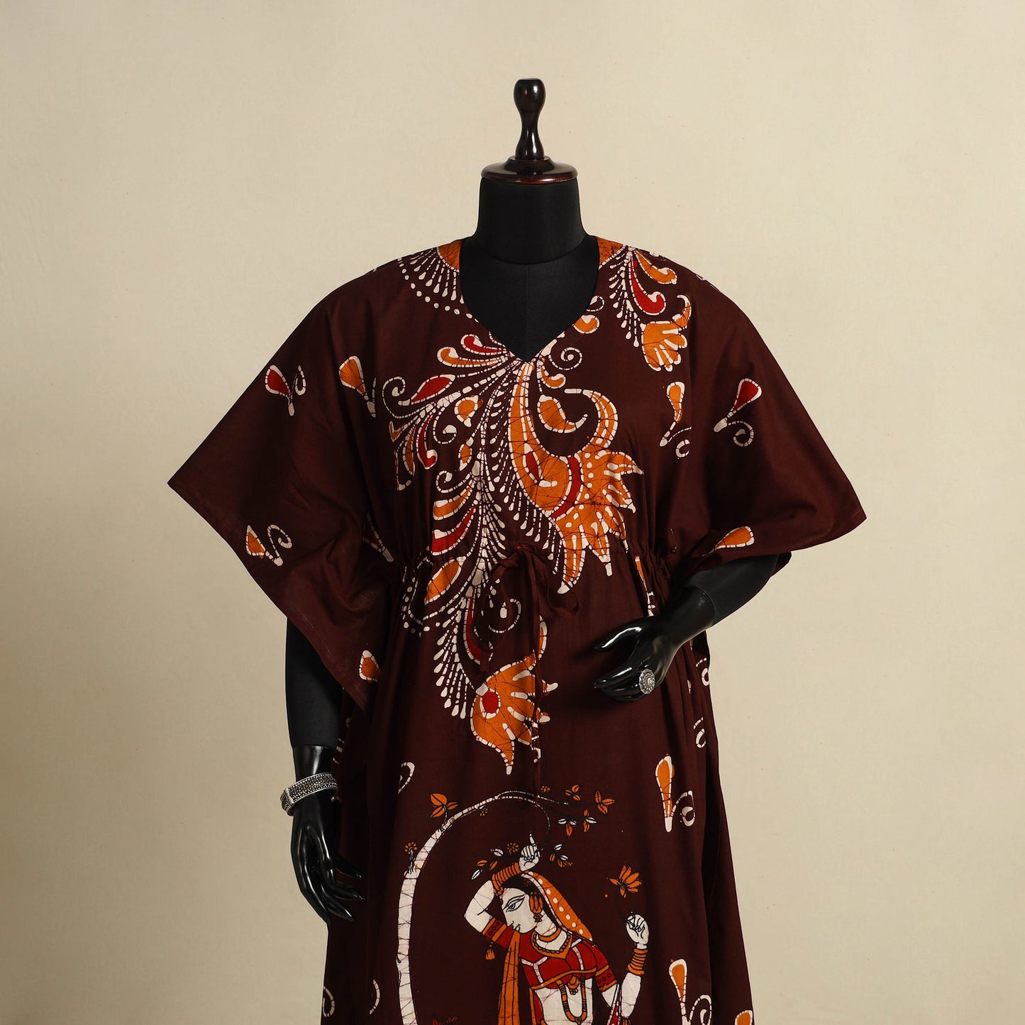 Maroon - cotton hand batik kaftan with tie-up waist (long)
