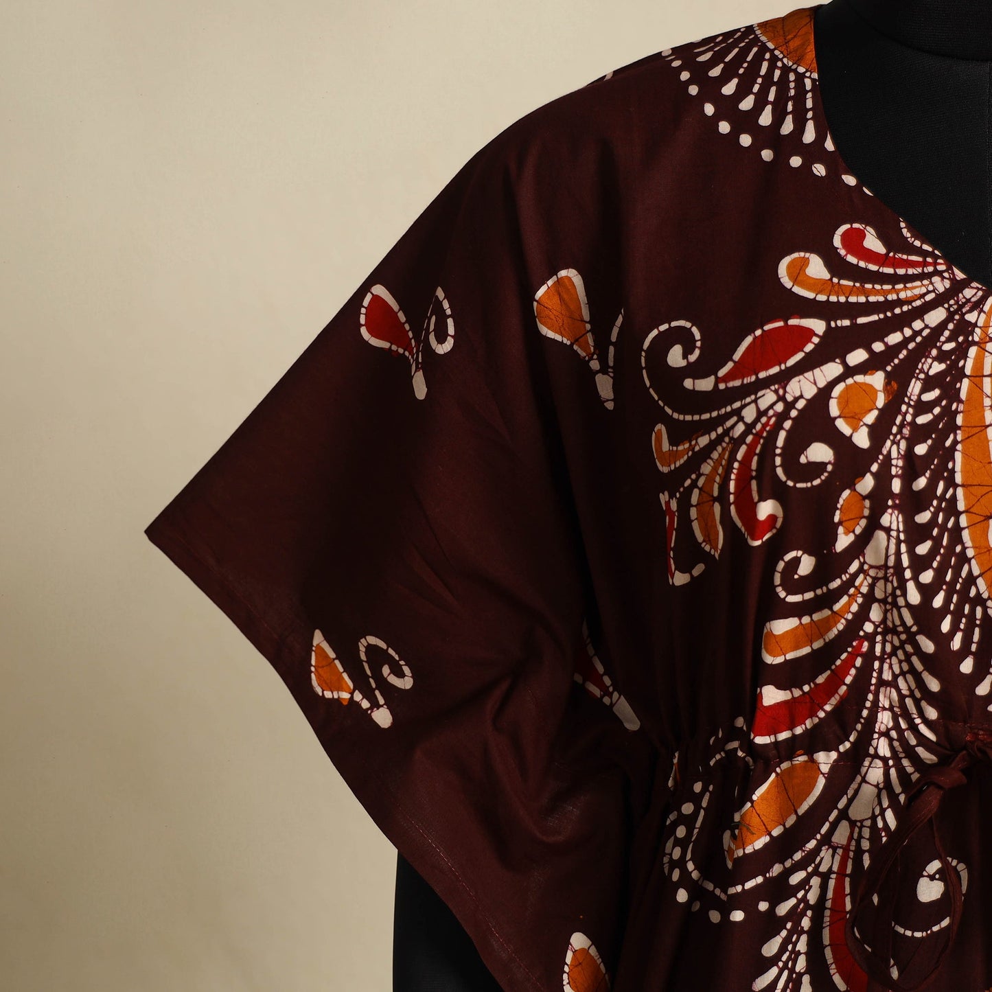 Maroon - cotton hand batik kaftan with tie-up waist (long)