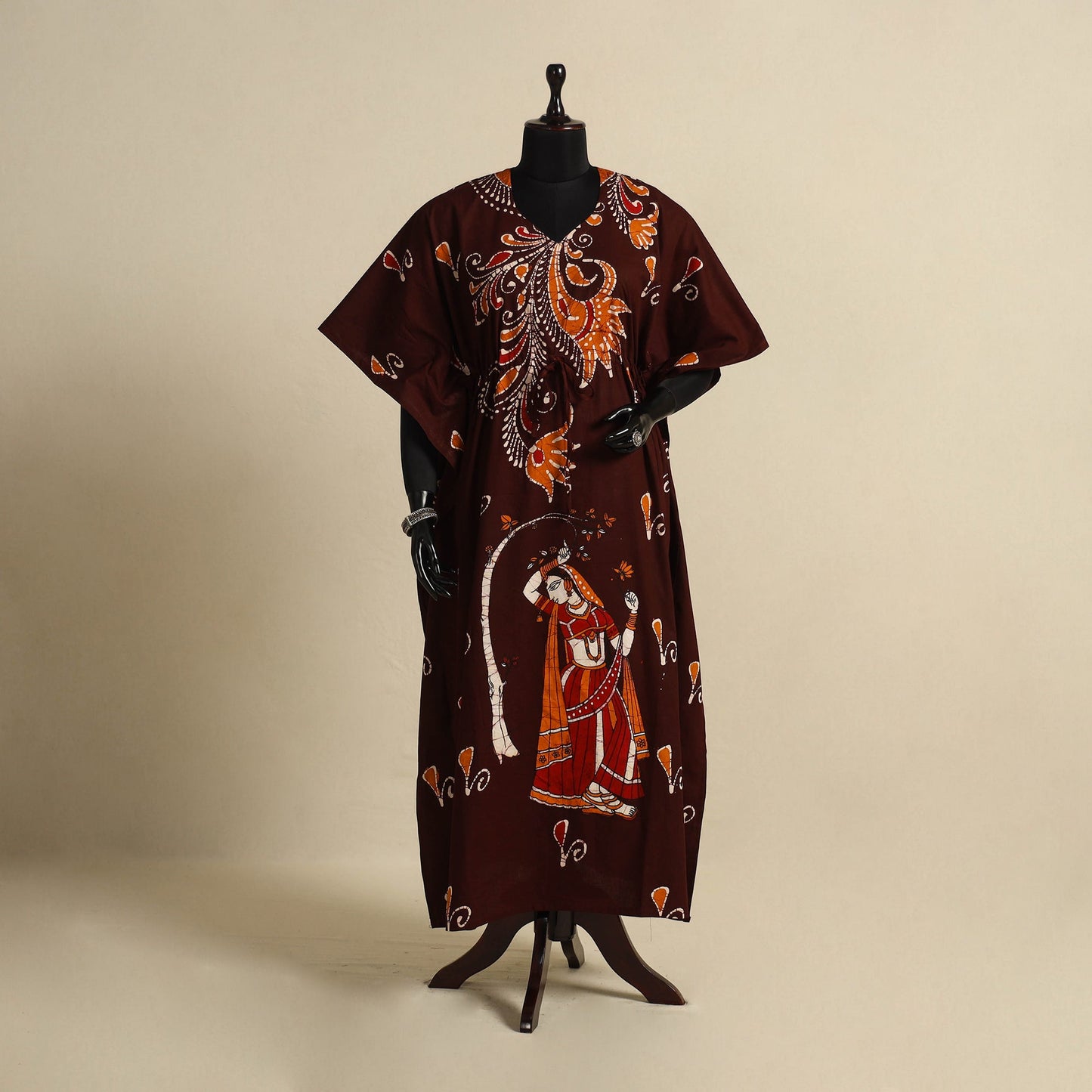 Maroon - cotton hand batik kaftan with tie-up waist (long)