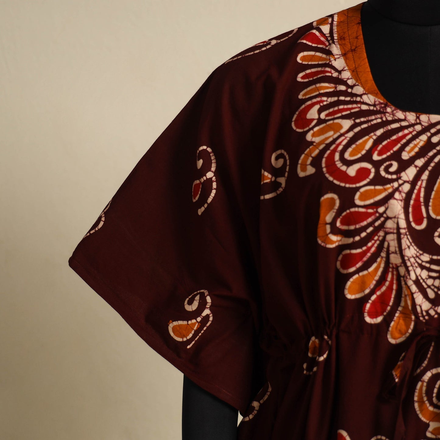 Maroon - cotton hand batik kaftan with tie-up waist (long)