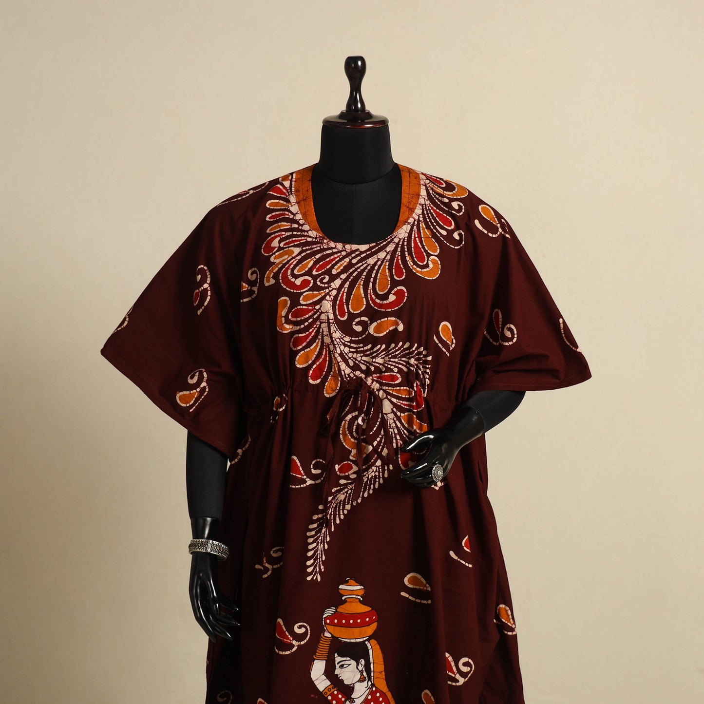 Maroon - cotton hand batik kaftan with tie-up waist (long)