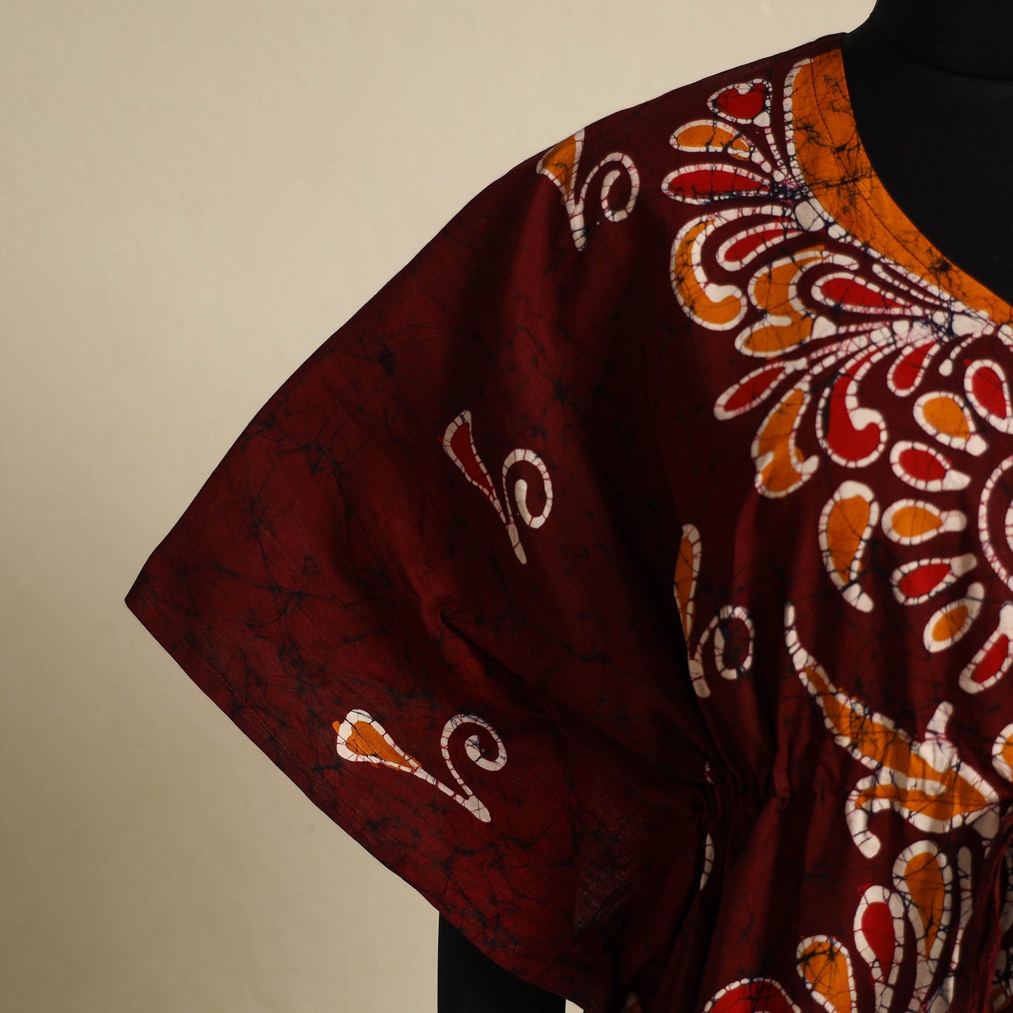 Maroon - cotton hand batik kaftan with tie-up waist (long)