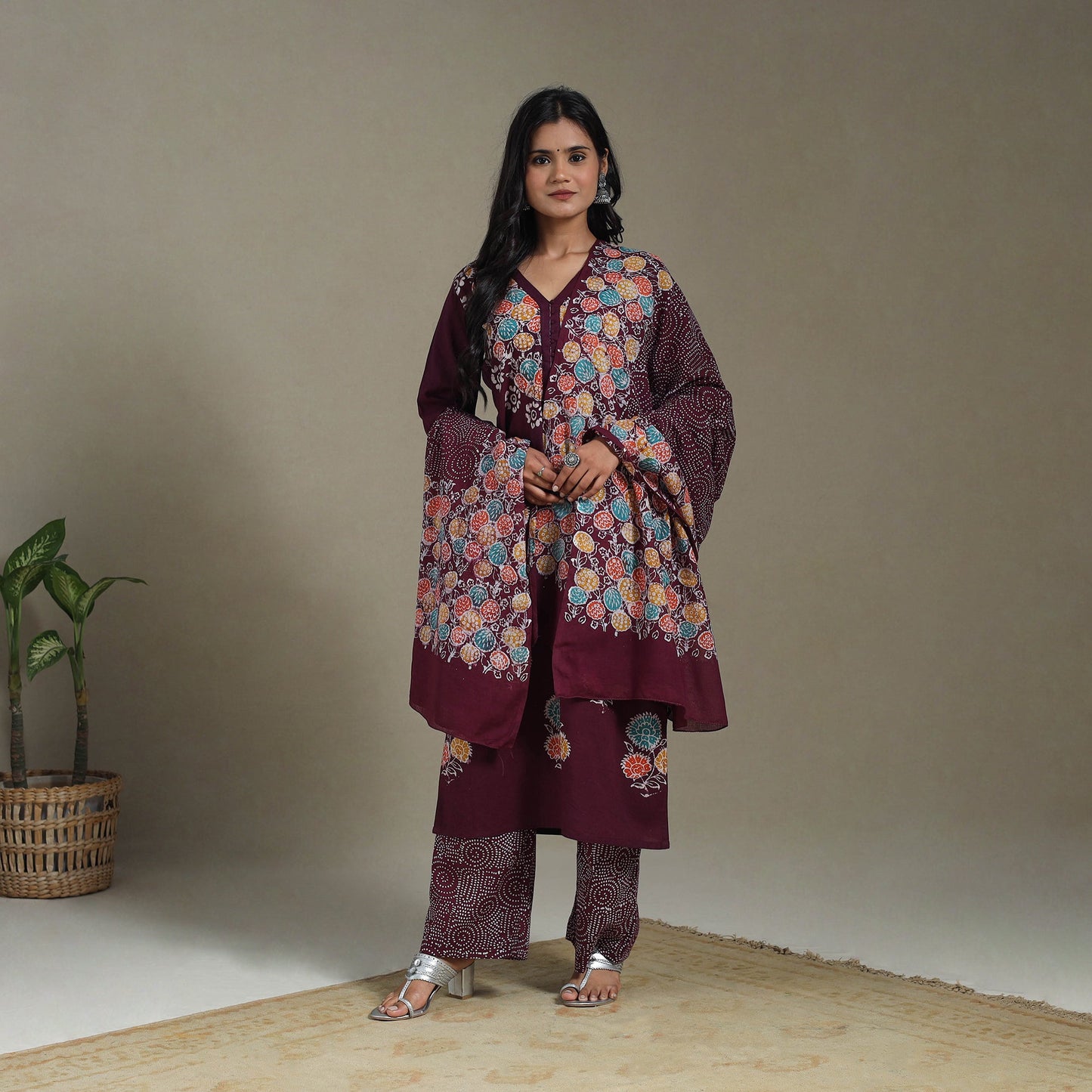 Maroon Cotton Indonesian Hand Batik Print Kurta Set (Set of 3)