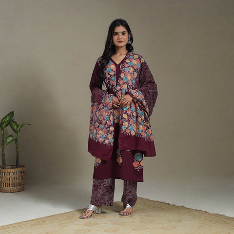 Maroon Cotton Indonesian Hand Batik Print Kurta Set (Set of 3)