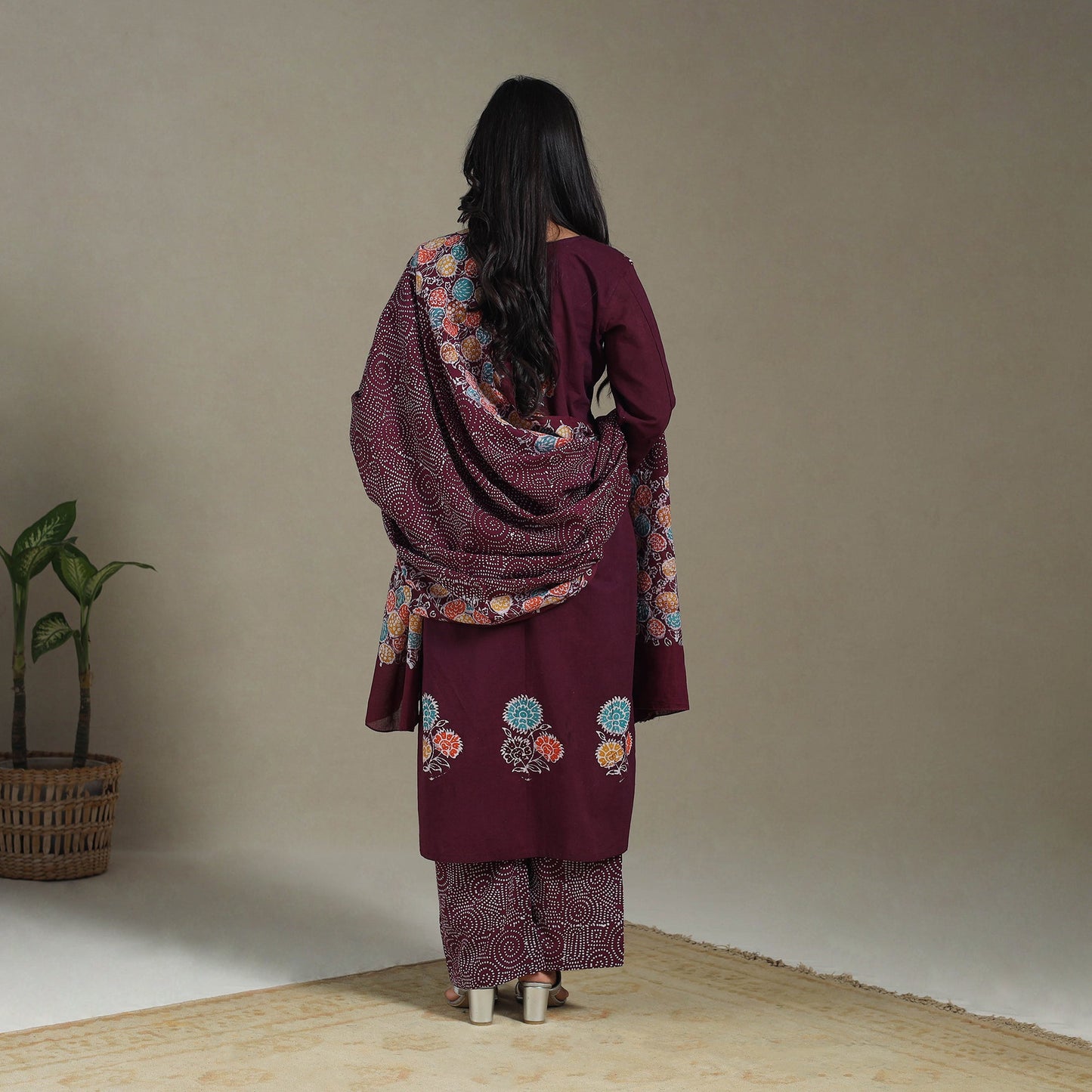 Maroon Cotton Indonesian Hand Batik Print Kurta Set (Set of 3)