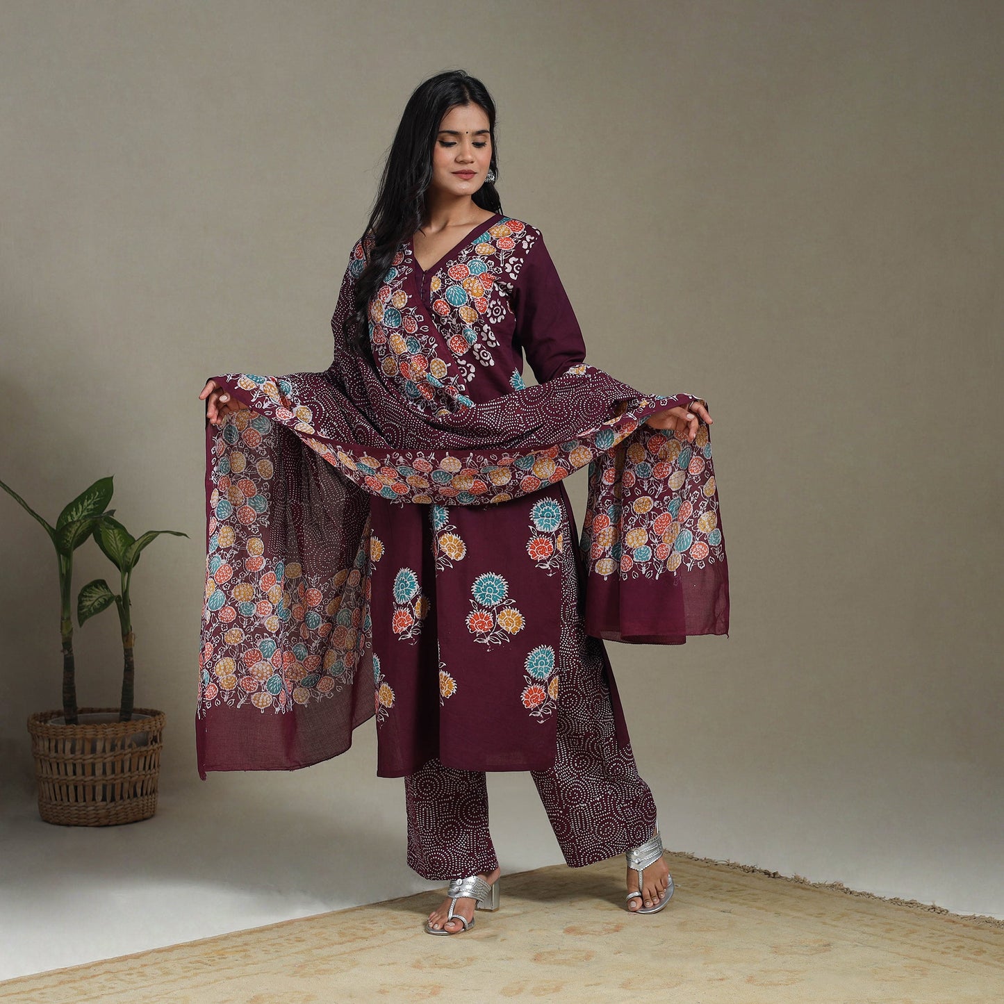 Maroon Cotton Indonesian Hand Batik Print Kurta Set (Set of 3)