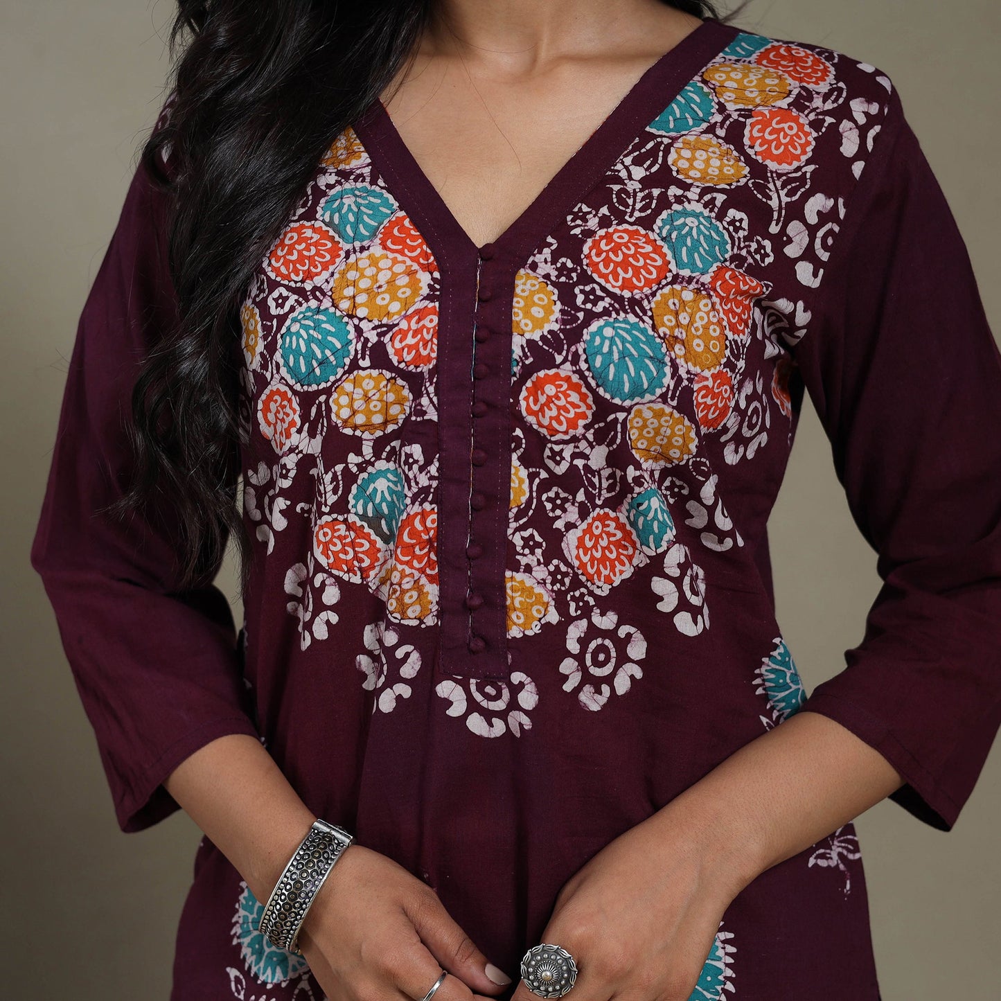 Maroon Cotton Indonesian Hand Batik Print Kurta Set (Set of 3)