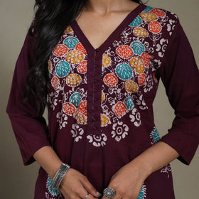 Maroon Cotton Indonesian Hand Batik Print Kurta Set (Set of 3)