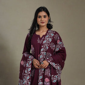 Maroon Cotton Indonesian Hand Batik Print Kurta Set (Set of 3)