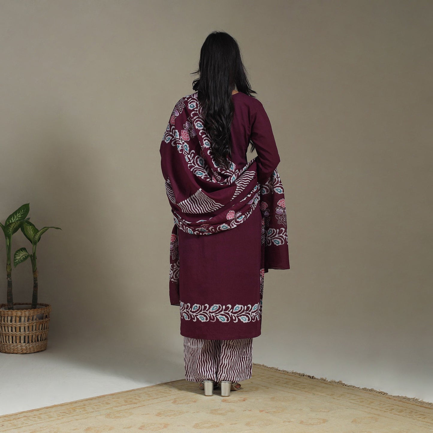 Maroon Cotton Indonesian Hand Batik Print Kurta Set (Set of 3)