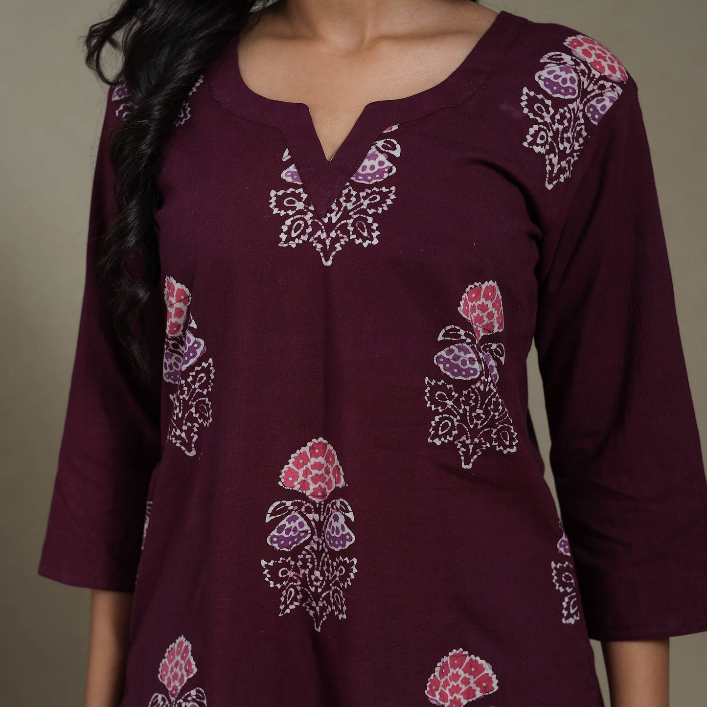 Maroon Cotton Indonesian Hand Batik Print Kurta Set (Set of 3)