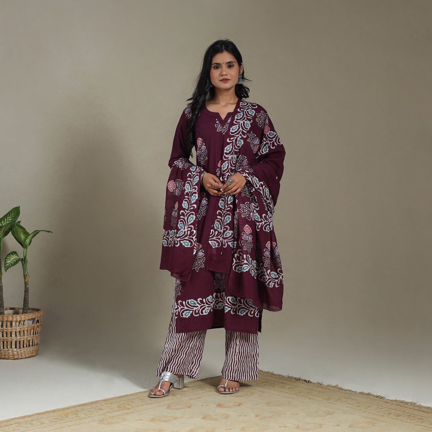 Maroon Cotton Indonesian Hand Batik Print Kurta Set (Set of 3)