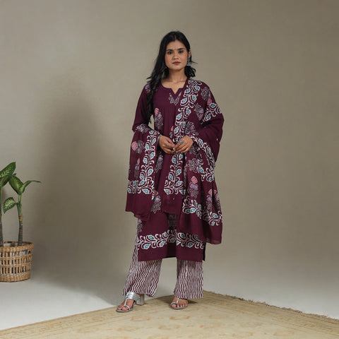 Maroon Cotton Indonesian Hand Batik Print Kurta Set (Set of 3)