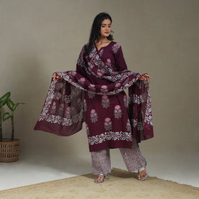 Maroon Cotton Indonesian Hand Batik Print Kurta Set (Set of 3)