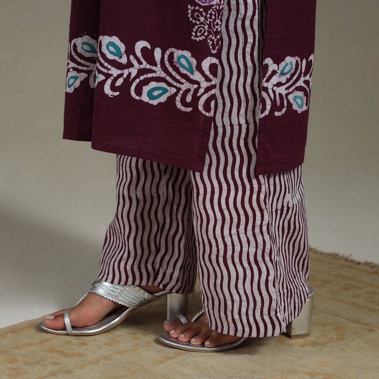 Maroon Cotton Indonesian Hand Batik Print Kurta Set (Set of 3)