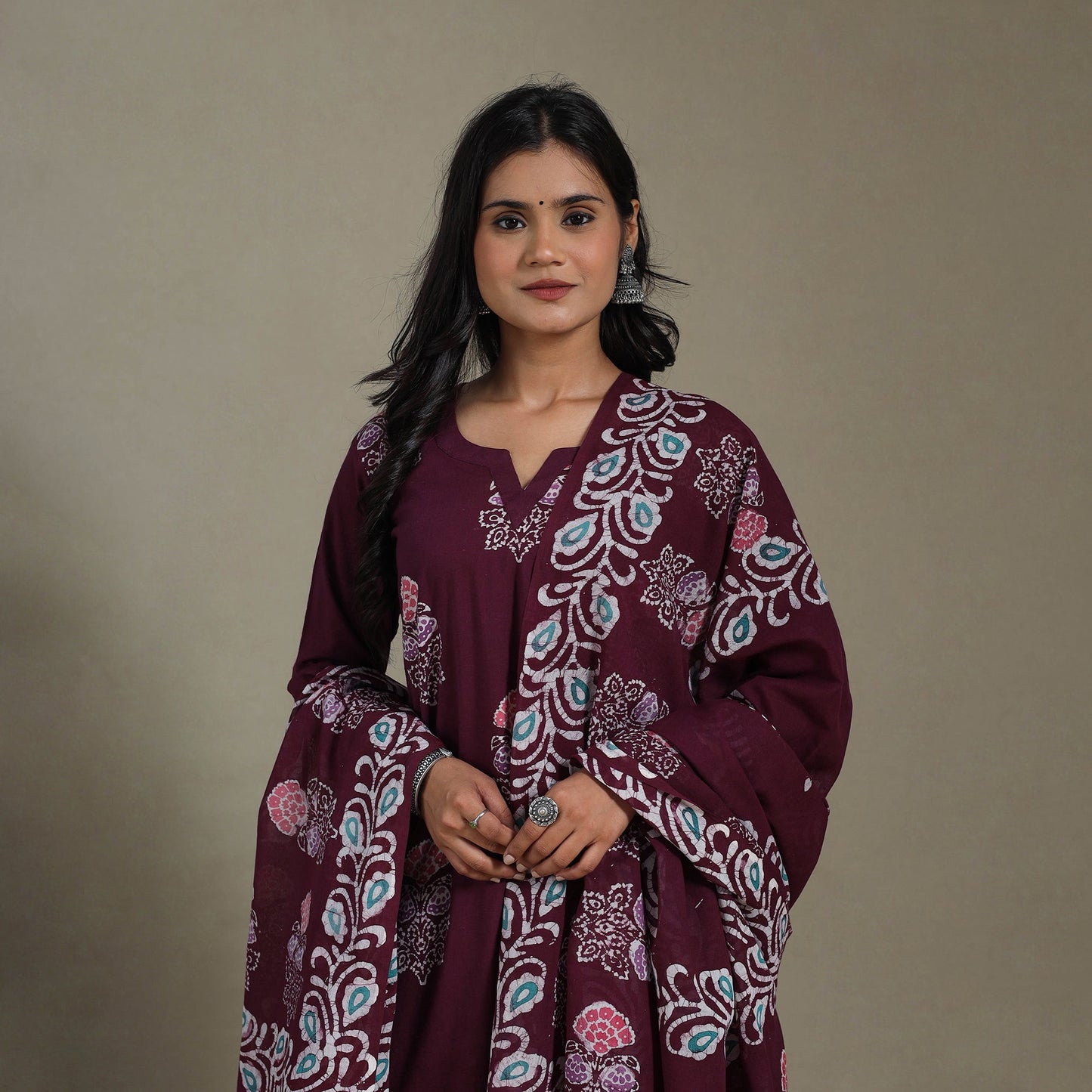 Maroon Cotton Indonesian Hand Batik Print Kurta Set (Set of 3)