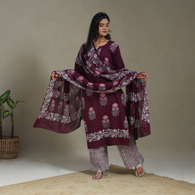 Maroon Cotton Indonesian Hand Batik Print Kurta Set (Set of 3)