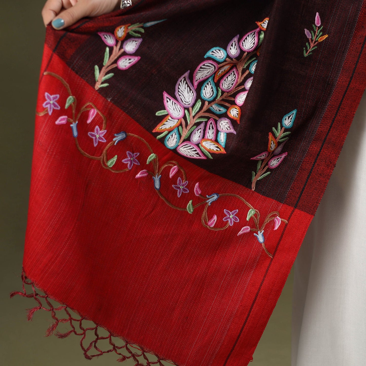  Maroon Cotton Kashida Embroidery Stole