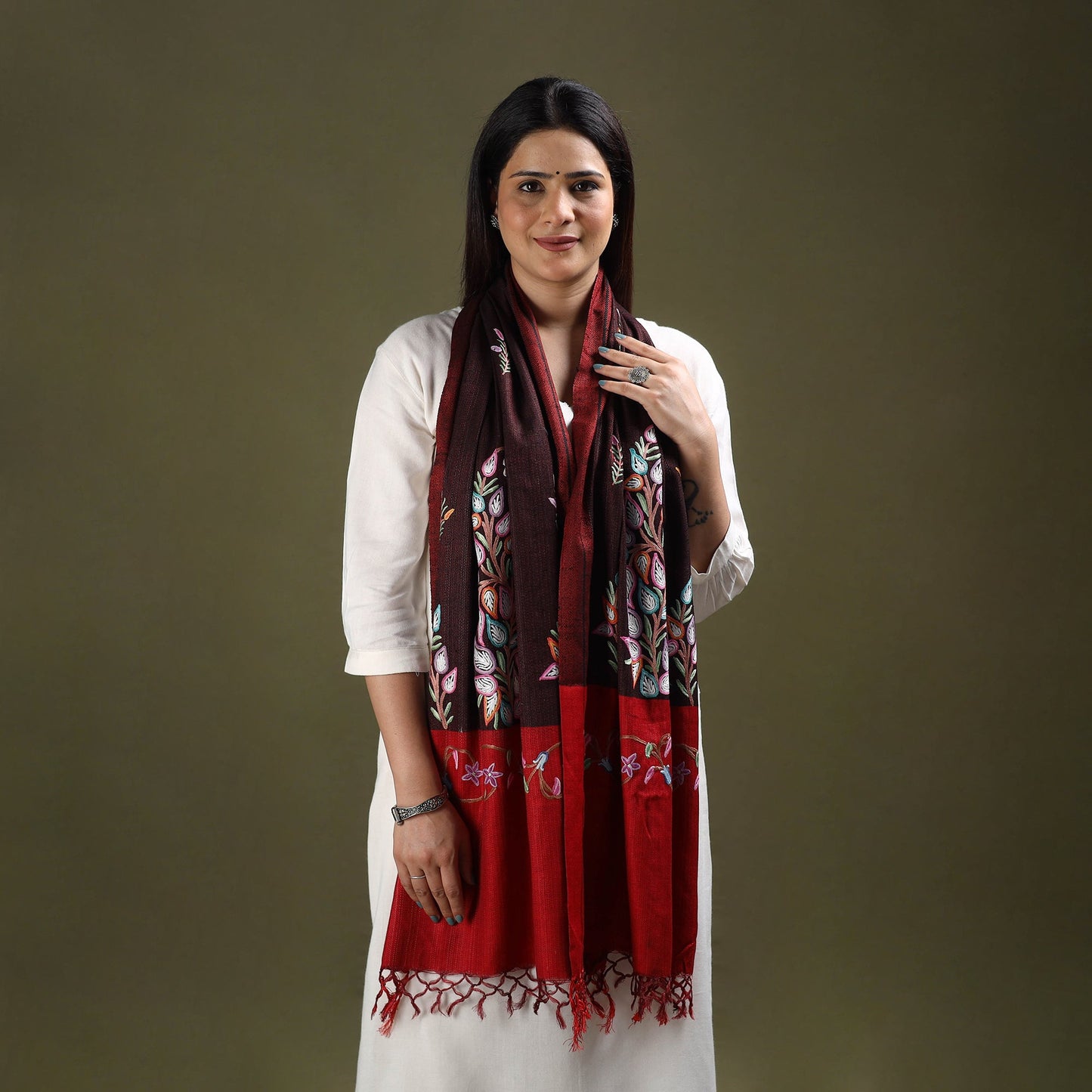  Maroon Cotton Kashida Embroidery Stole