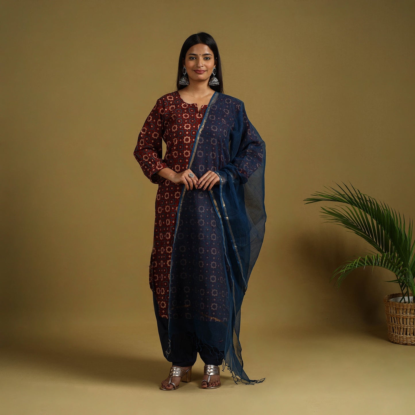 Buy maroon Block Print Cotton Ajrakh Kurta Set with Dupatta