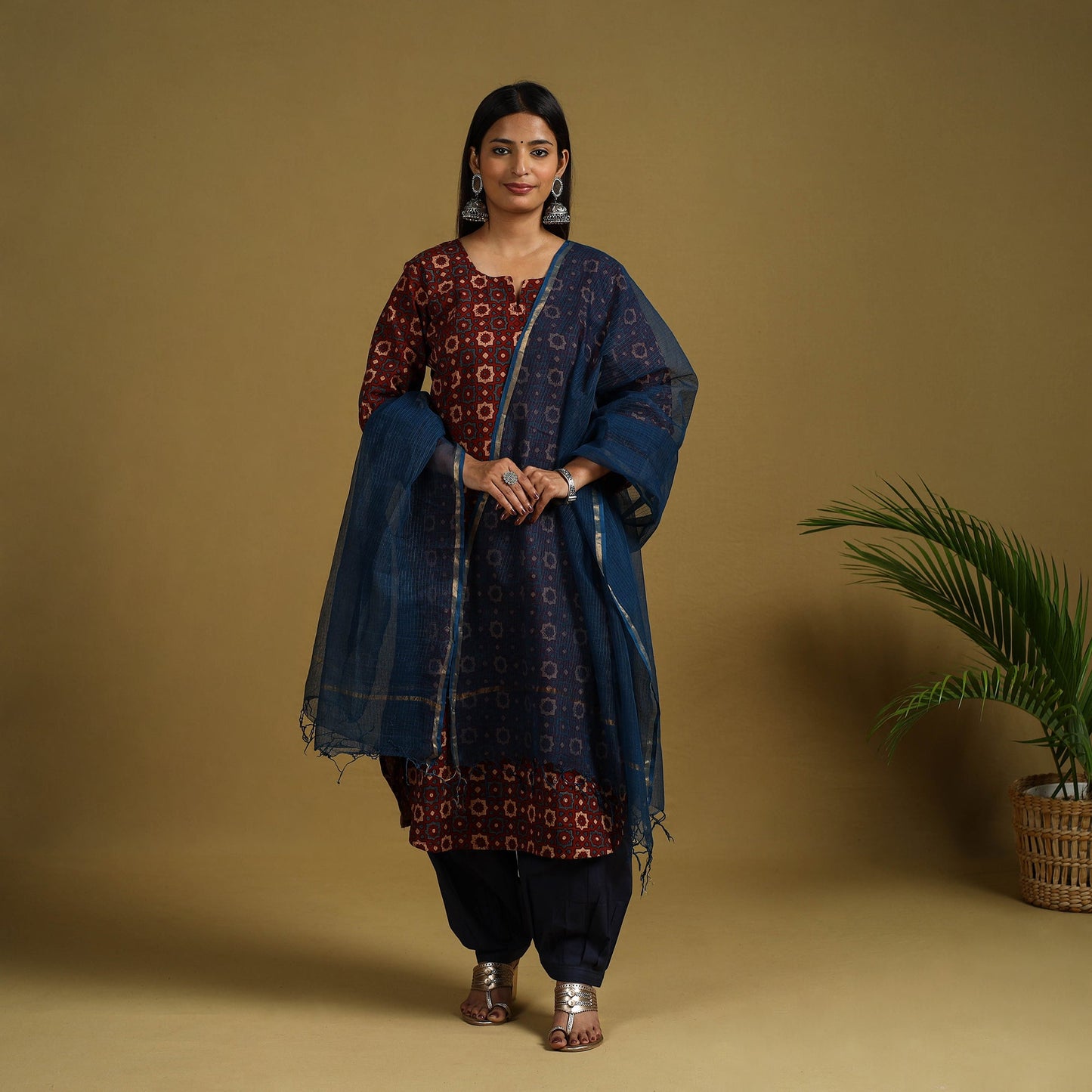 Buy maroon Block Print Cotton Ajrakh Kurta Set with Dupatta