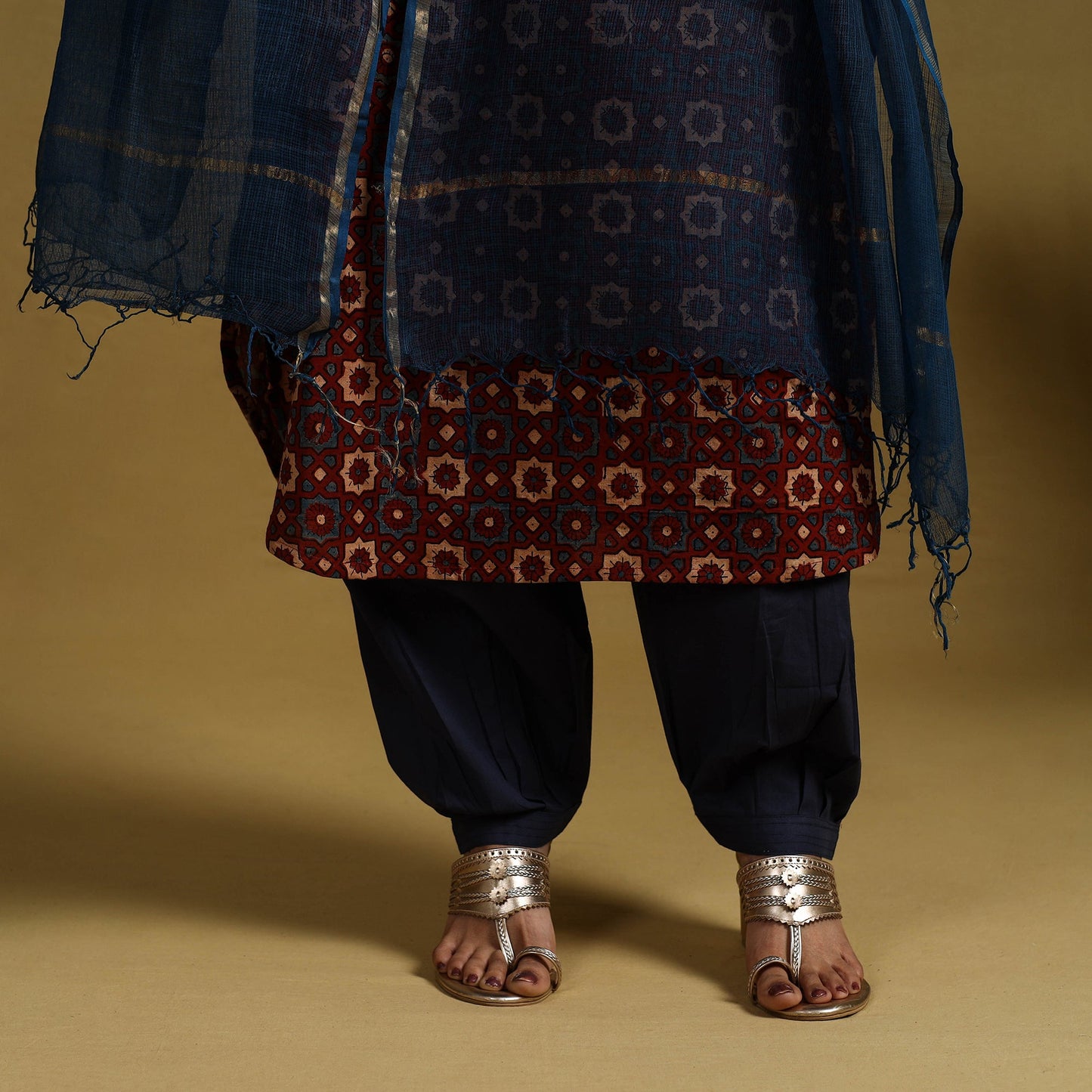 Buy maroon Block Print Cotton Ajrakh Kurta Set with Dupatta