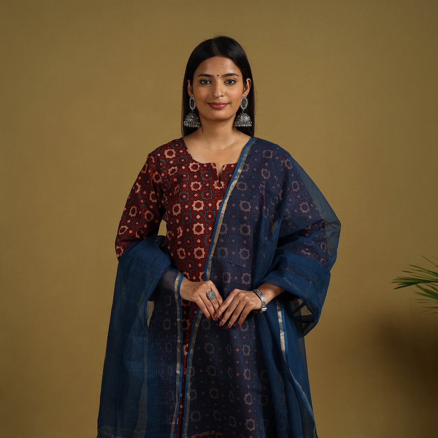 Buy maroon Block Print Cotton Ajrakh Kurta Set with Dupatta