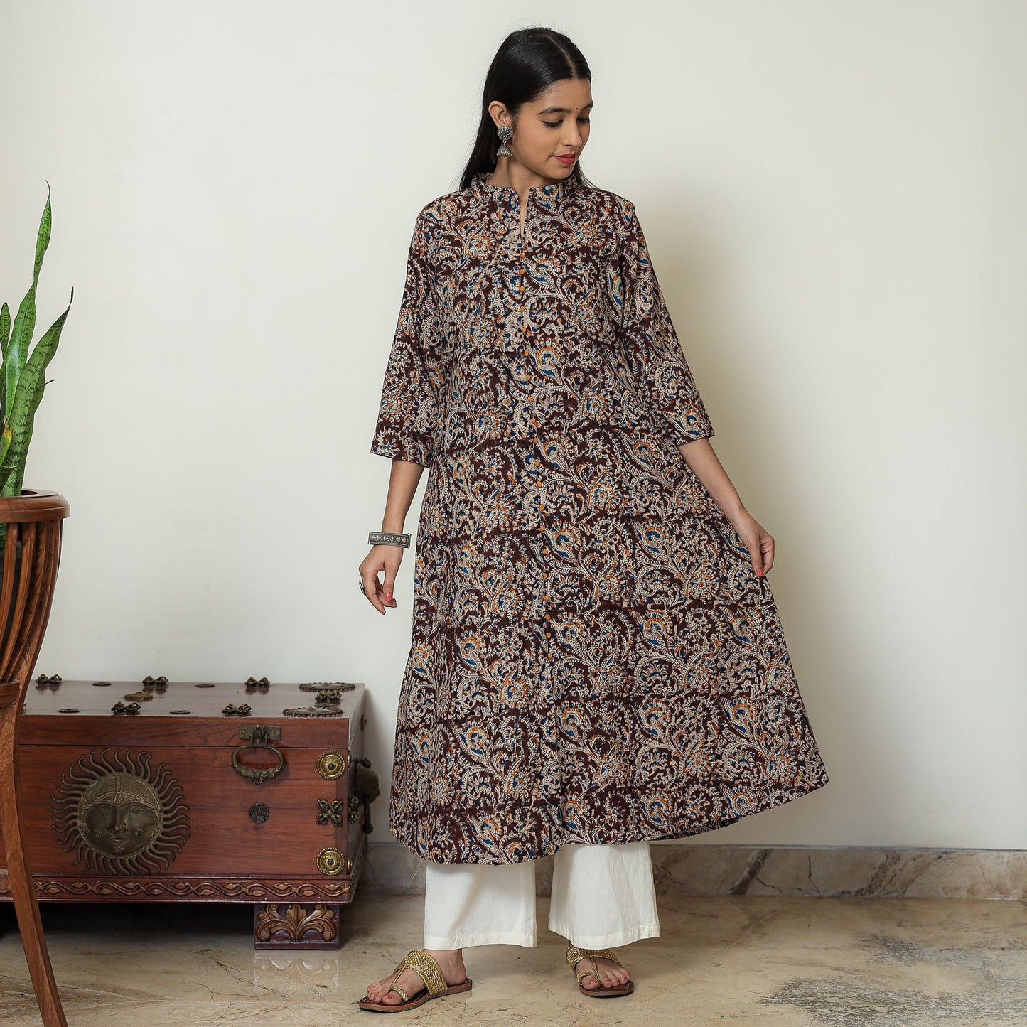Maroon Block Print Cotton A-Line Kalamkari Kurta 