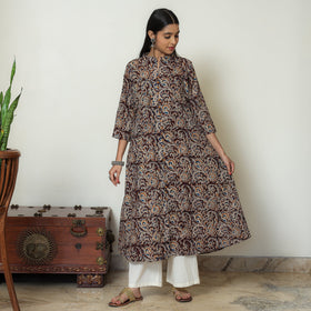 Maroon Block Print Cotton A-Line Kalamkari Kurta 