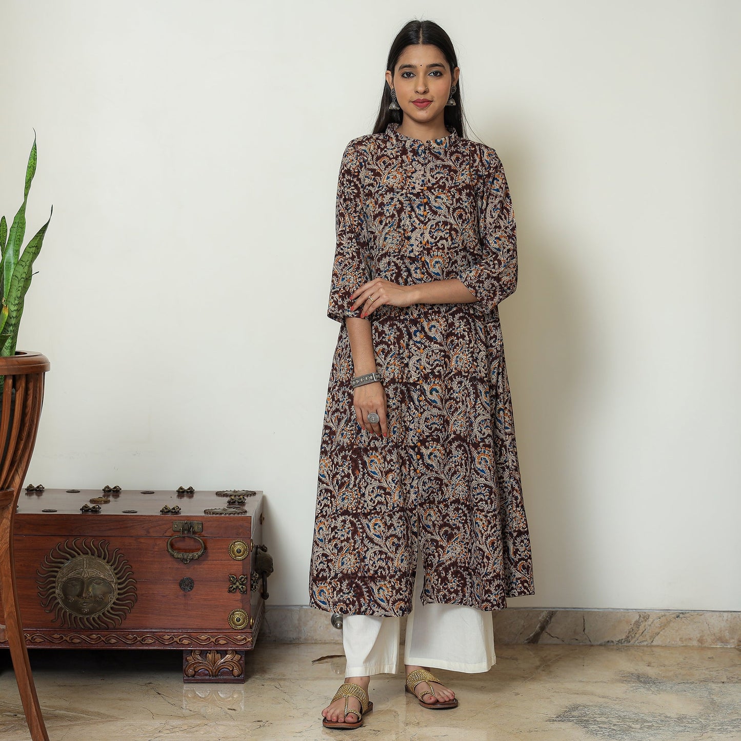 Maroon Block Print Cotton A-Line Kalamkari Kurta 