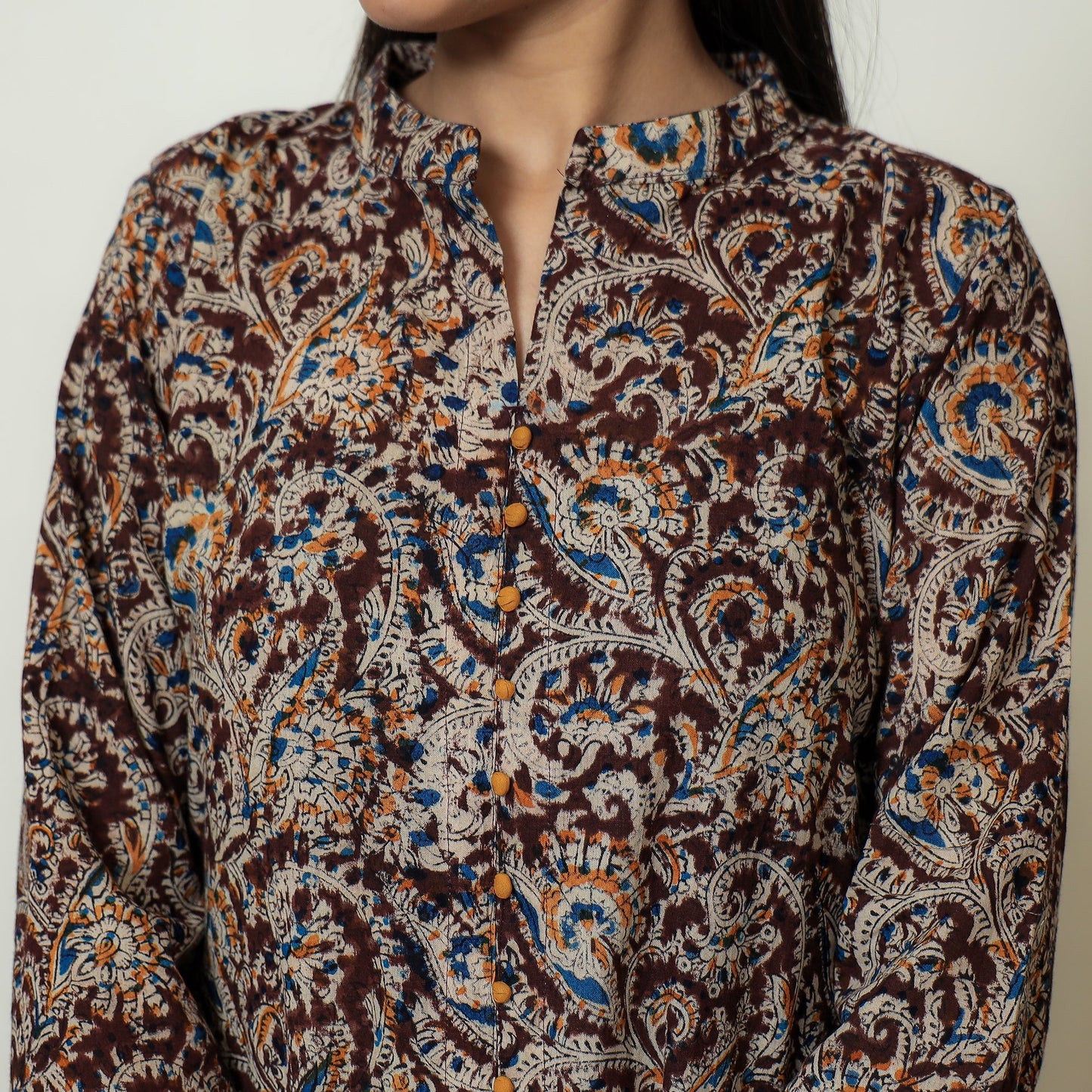 Maroon Block Print Cotton A-Line Kalamkari Kurta 