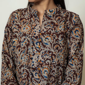 Maroon Block Print Cotton A-Line Kalamkari Kurta 