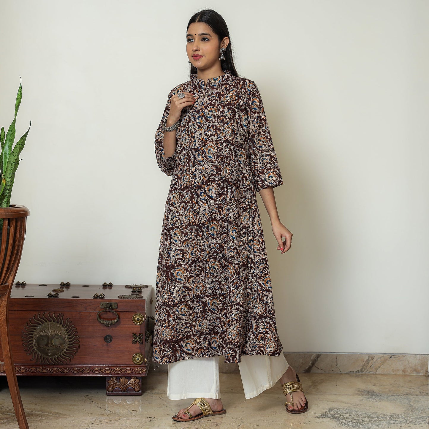 Maroon Block Print Cotton A-Line Kalamkari Kurta 