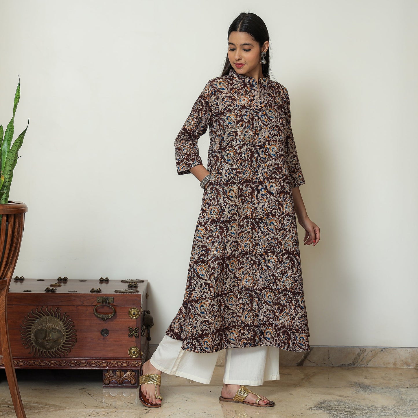 Maroon Block Print Cotton A-Line Kalamkari Kurta 