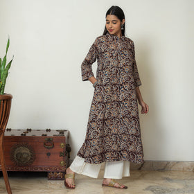 Maroon Block Print Cotton A-Line Kalamkari Kurta 